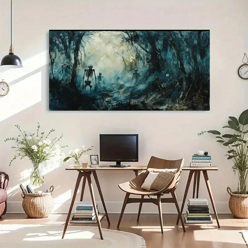 Skeletons Foggy Forest Scene Wall Art Canvas Office Home Room Framed 120x60cm
