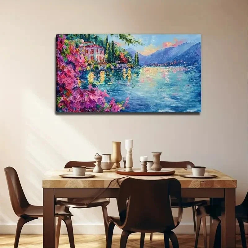 Vibrant Red Flower Lake Nature Wall Art Canvas Office Home Room Framed 120x60cm