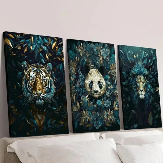 3pcs Blue Geometric Tiger Lion and Giant Panda Wall Art Set Canvas Framed 40x60cm - High Quality Print 100% Australian Made Wall Canvas Ready to Hang