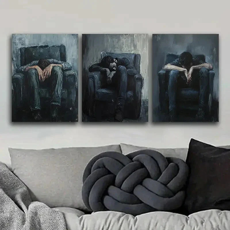 3pcs Decadent Man Trio, Modern Black & White Metal Print Ready to Hang Art