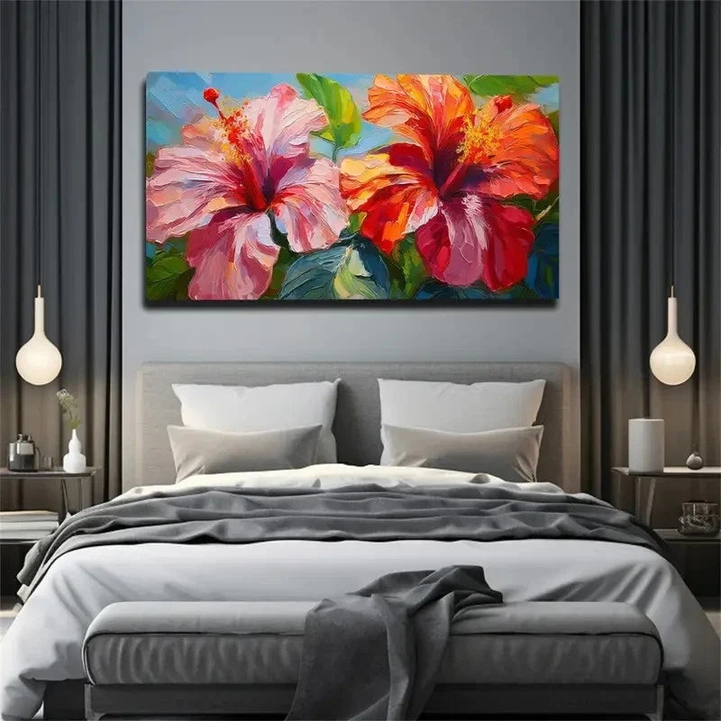 Vibrant Red & Orange Hibiscus Wall Art Canvas Office Home Room Framed 80x45cm
