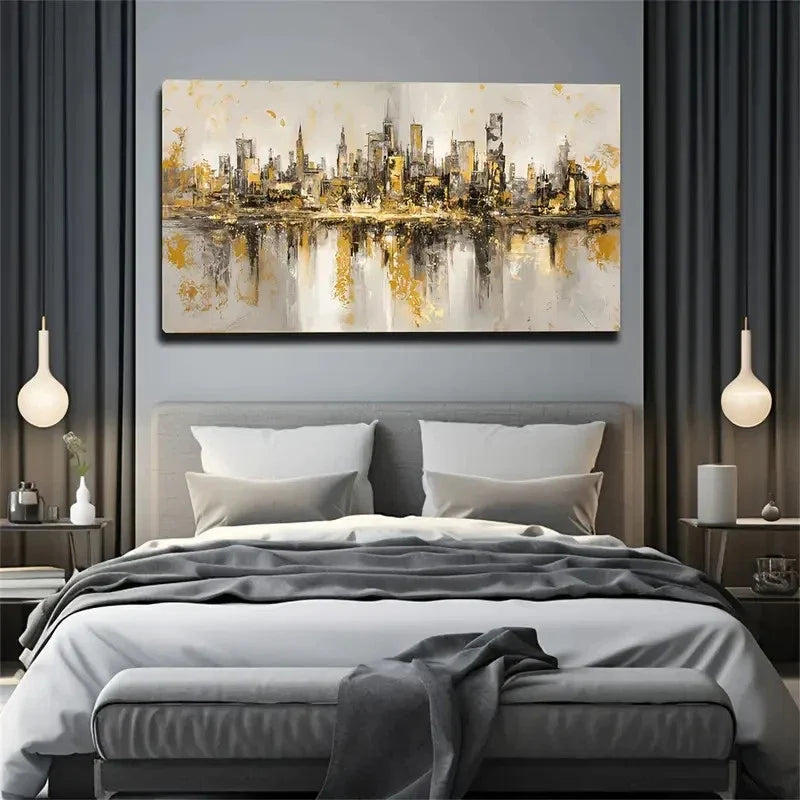 Beige & Golden Urban Reflection Wall Art Canvas Office Home Room Framed 80x45cm