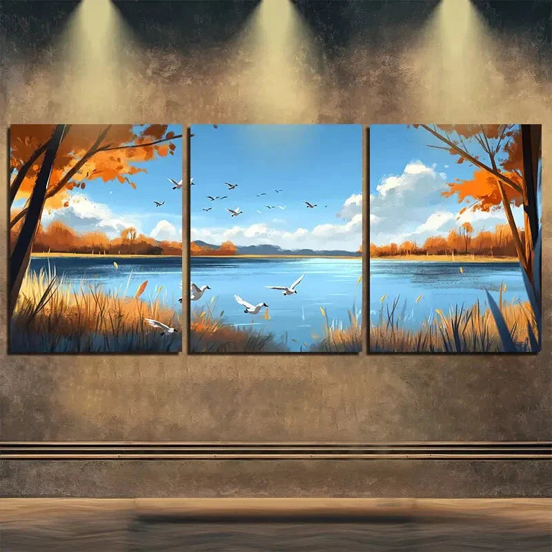 3pcs Peaceful Autumn Scenery Blue Sky Perfect Wall Art Set Canvas Framed 40x60cm - High Quality Print 100% Australian Made Wall Canvas Ready to Hang