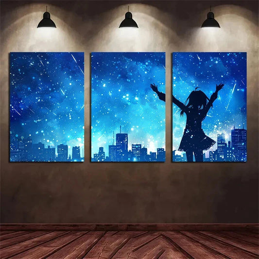 3pcs Anime Girl Holding Up Her Hand City Buildings Metal Print Ready to Hang Art