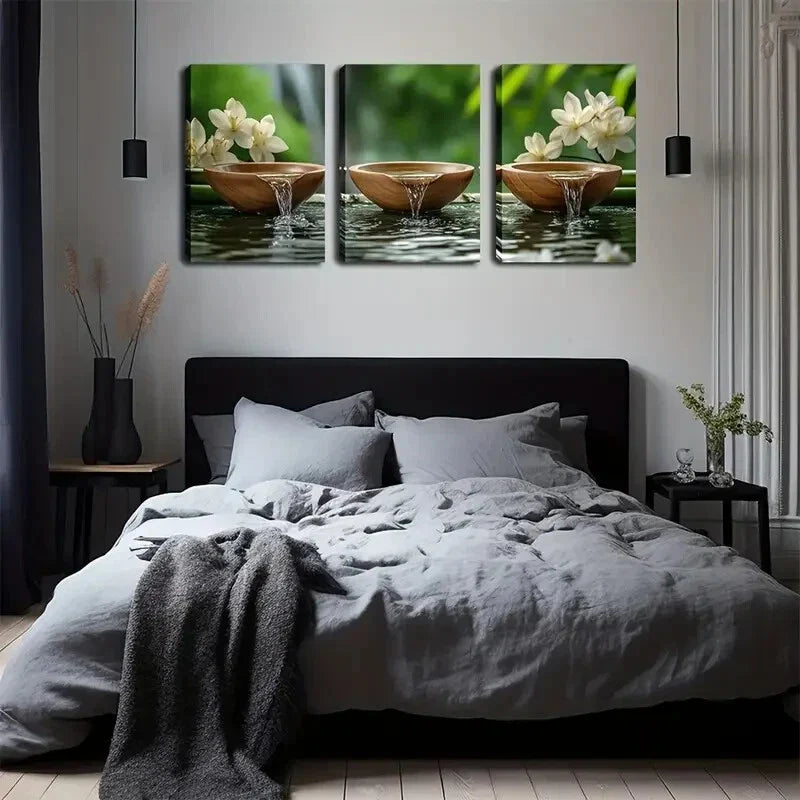 3pcs Wooden Tea Bowls and Waterfall Design  Wall Art Set Canvas Framed 40x60cm - High Quality Print 100% Australian Made Wall Canvas Ready to Hang