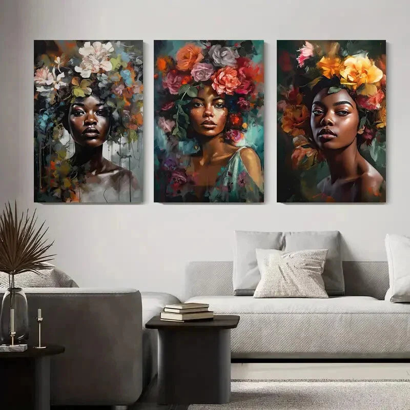 3pcs Vibrant Floral Headdress Portraits Metal Print Ready to Hang Art