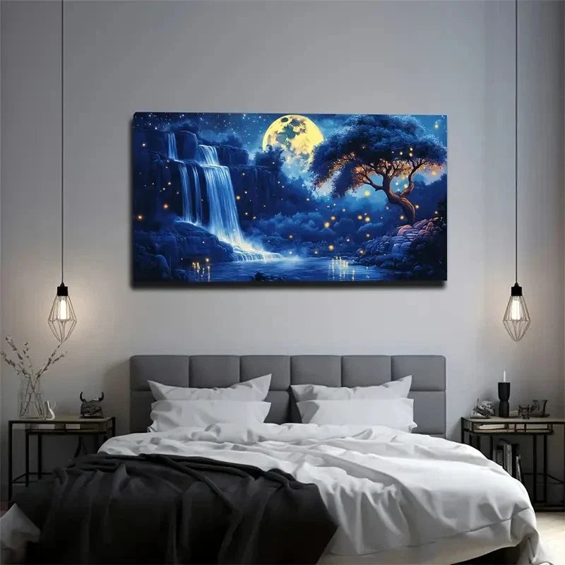 The Waterfall At Night Has Many Wall Art Canvas Office Home Room Framed 120x60cm