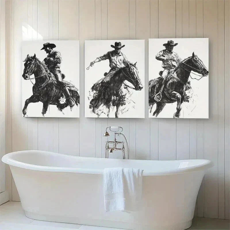3pcs Dynamic Cowboy on Horse Dark Shadow Perfect Wall Art Set Canvas Framed 40x60cm - High Quality Print 100% Australian Made Wall Canvas Ready to Hang