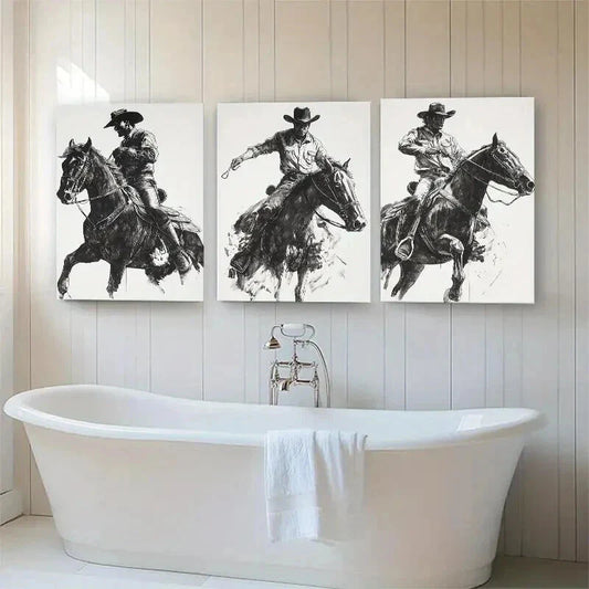 3pcs Dynamic Cowboy on Horse Dark Shadow Perfect Wall Art Set Canvas Framed 40x60cm - High Quality Print 100% Australian Made Wall Canvas Ready to Hang