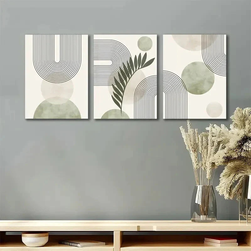 3pcs Abstract Sage Green Geometric Metal Print Ready to Hang Art