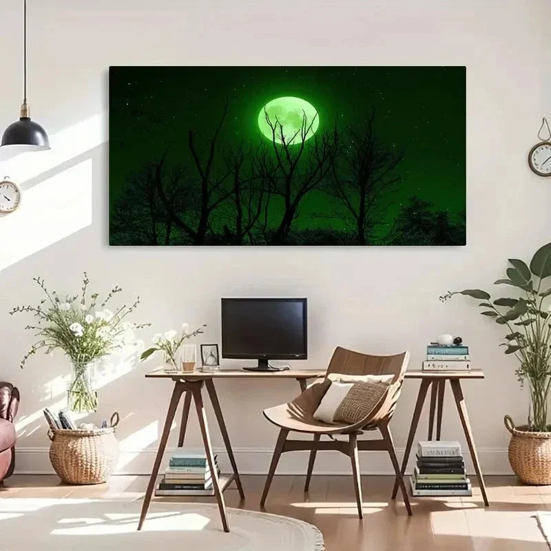 Full Moon Green Light Modern Wall Art Canvas Office Home Room Framed 80x45cm
