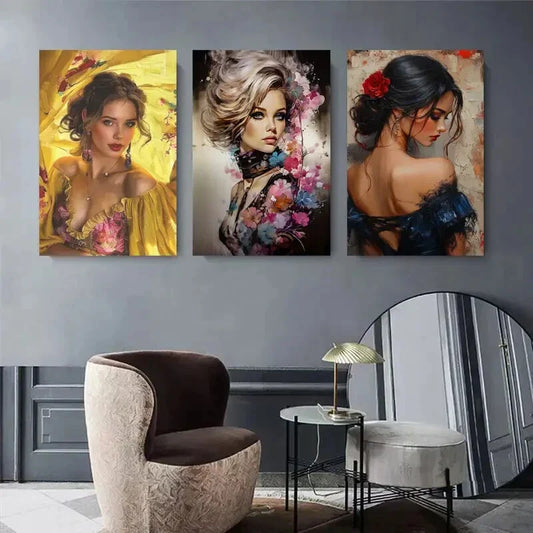 3pcs Elegant Female Figures with Bright Flowers Metal Print Ready to Hang Art