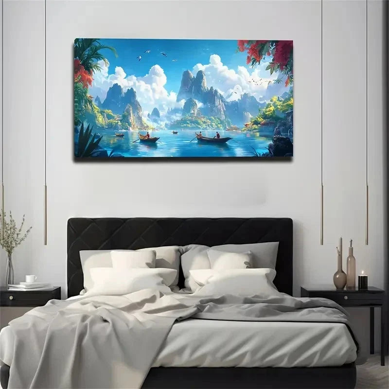 Serene Lake Scene With Boats Wall Art Canvas Office Home Room Framed 120x60cm