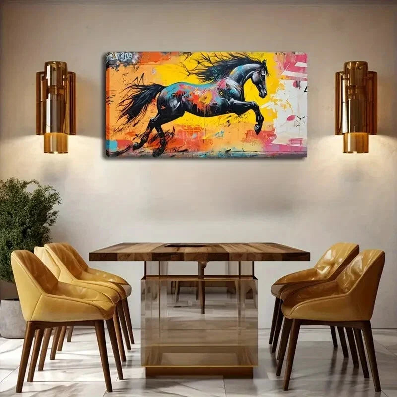 Vibrant Abstract Horse Black Wall Art Canvas Office Home Room Framed 120x60cm