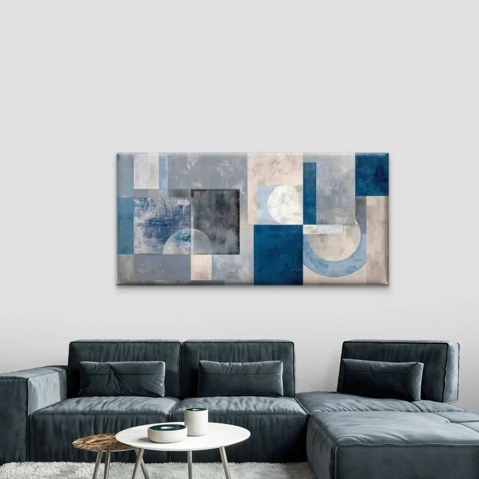 Blue Grey Retro , Abstract Wall Art Canvas Office Home Room Framed 120x60cm