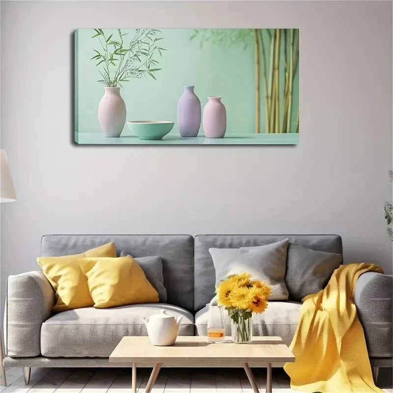 Vases a Light Green Tablecloth Wall Art Canvas Office Home Room Framed 120x60cm