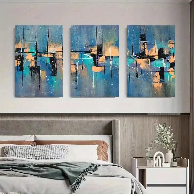3pcs Blue Orange & Black Brushstroke Wall Art Set Canvas Framed 40x60cm - High Quality Print 100% Australian Made Wall Canvas Ready to Hang