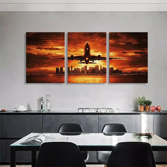 3pcs Vibrant Airplane Cityscape Skyline Perfect Wall Art Set Canvas Framed 40x60cm - High Quality Print 100% Australian Made Wall Canvas Ready to Hang