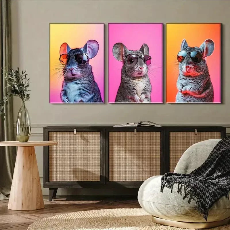 3pcs Cool Chinchilla in Glasses Triptych Wall Art Set Canvas Framed 40x60cm - High Quality Print 100% Australian Made Wall Canvas Ready to Hang
