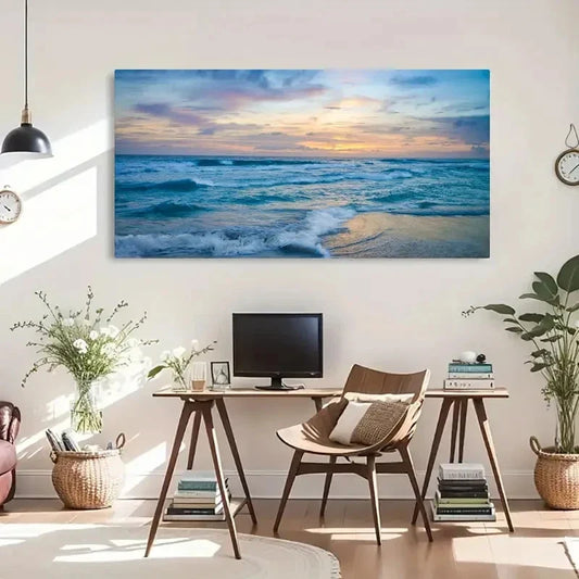 Ocean Waves At Sunset Vintage Wall Art Canvas Office Home Room Framed 120x60cm