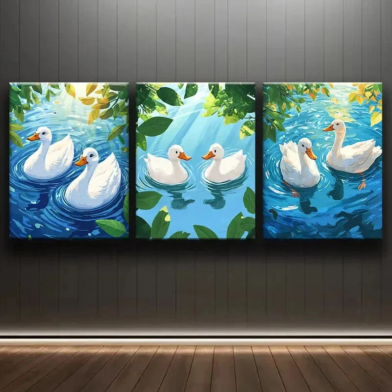 3pcs Swimming White Duck Nature Beauty Perfect Wall Art Set Canvas Framed 40x60cm - High Quality Print 100% Australian Made Wall Canvas Ready to Hang