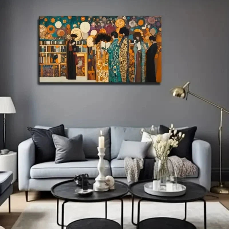 Vibrant Library Scene Modern Wall Art Canvas Office Home Room Framed 120x60cm