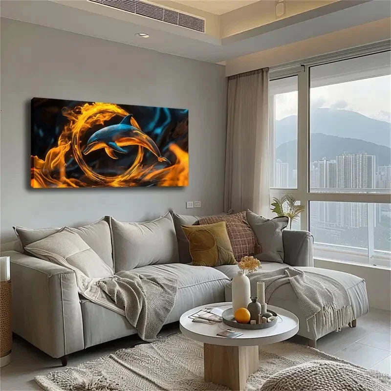 Dolphin Leaping The Flame Ring Wall Art Canvas Office Home Room Framed 120x60cm