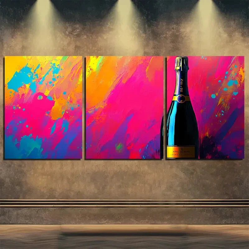 3pcs Colorful Triptych Champagne Bottle Perfect Wall Art Set Canvas Framed 40x60cm - High Quality Print 100% Australian Made Wall Canvas Ready to Hang