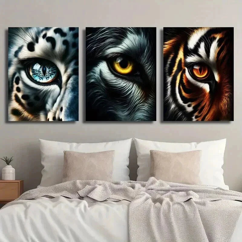 3pcs Snow Leopard Wolf Tiger Eye Macro Wall Art Set Canvas Framed 40x60cm - High Quality Print 100% Australian Made Wall Canvas Ready to Hang