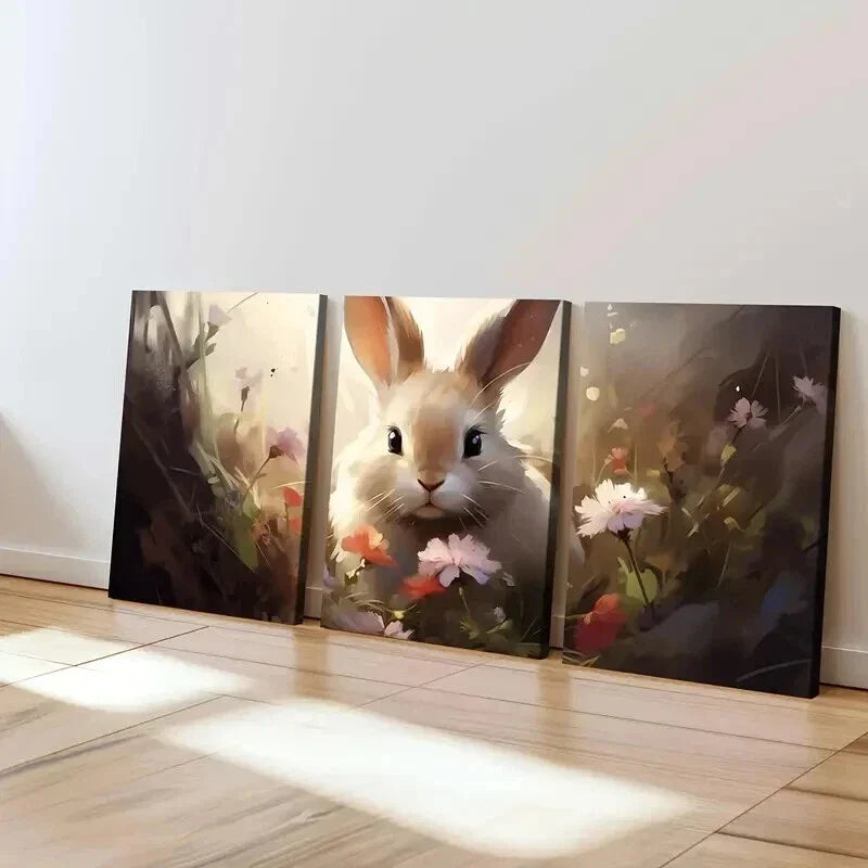3pcs Abstract Cute Bunny Flowers Brown Rabbit Wall Art Set Canvas Framed 40x60cm - High Quality Print 100% Australian Made Wall Canvas Ready to Hang