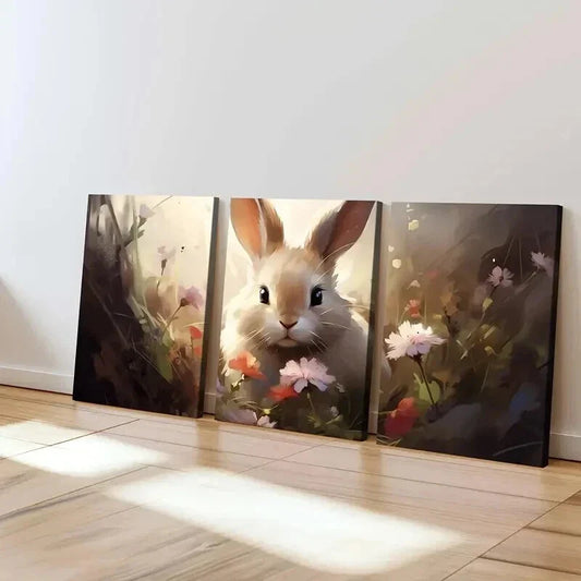 3pcs Abstract Cute Bunny Flowers Brown Rabbit Wall Art Set Canvas Framed 40x60cm - High Quality Print 100% Australian Made Wall Canvas Ready to Hang