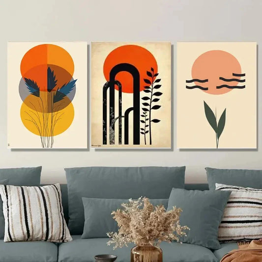 3pcs Modern Abstract Vibrant Orange and Black Metal Print Ready to Hang Art