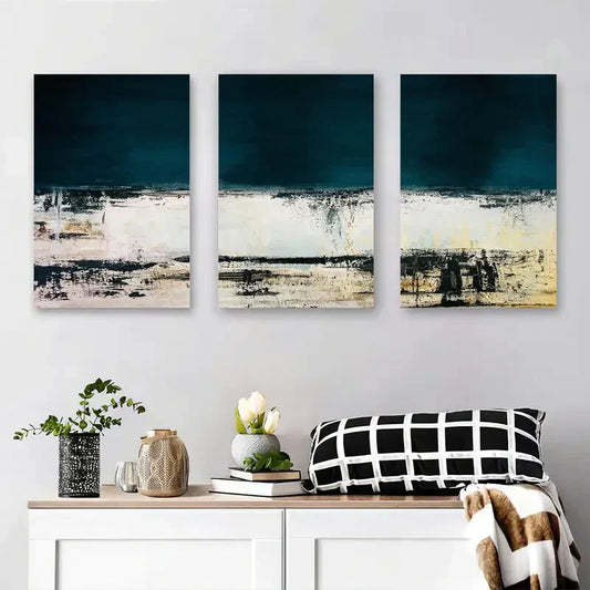 3pcs Abstract Landscape Teal and Beige Metal Print Ready to Hang Art