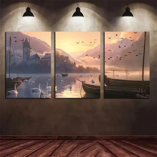 3pcs Scenic Lake and Castle Sunset Metal Print Ready to Hang Art