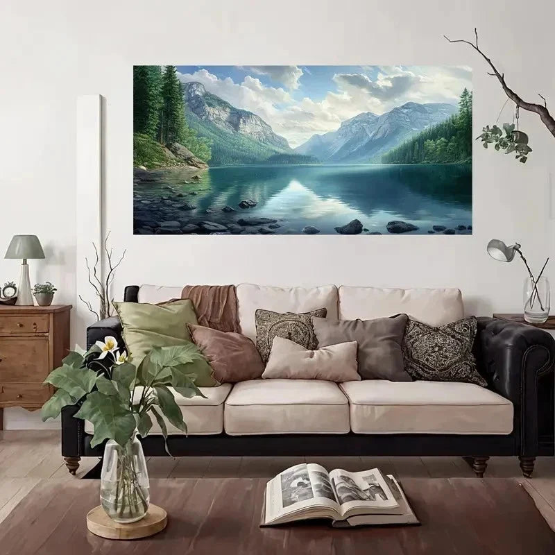 Lake Side Nature Mountain Wall Art Canvas Office Home Room Framed 80x45cm
