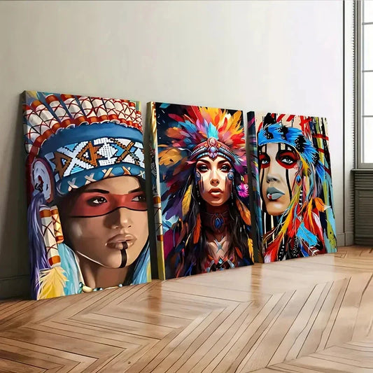 3pcs Aboriginal Chief Portrait Beauty Elegant Wall Art Set Canvas Framed 40x60cm - High Quality Print 100% Australian Made Wall Canvas Ready to Hang