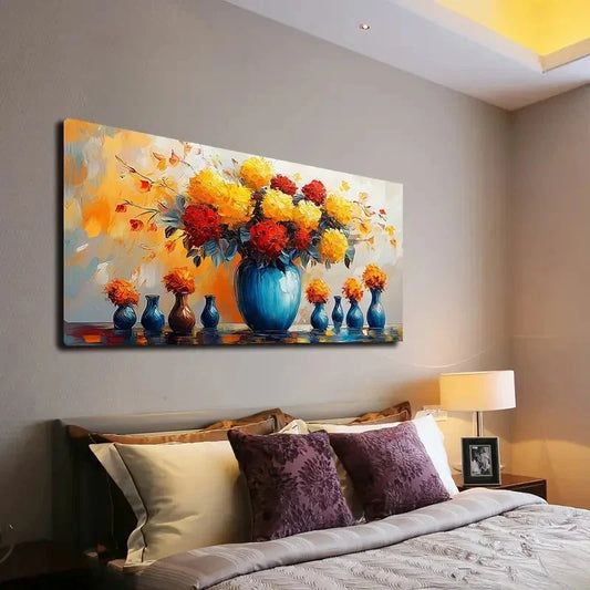 Vibrant Yellow and Red Floral Wall Art canvas office home room framed 120x60cm
