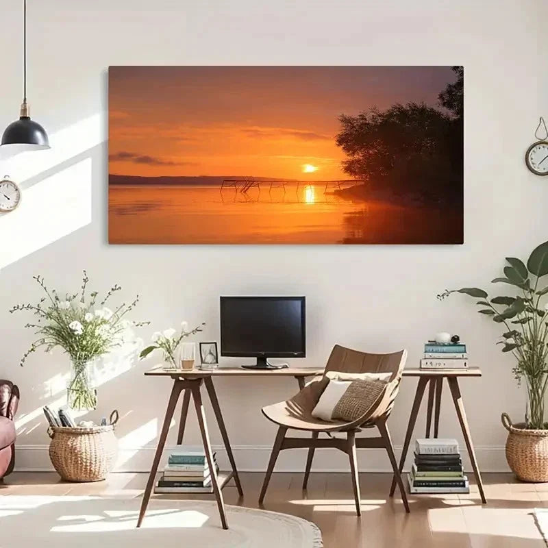 Lakeside Orange Sunset Decor Wall Art Canvas Office Home Room Framed 120x60cm