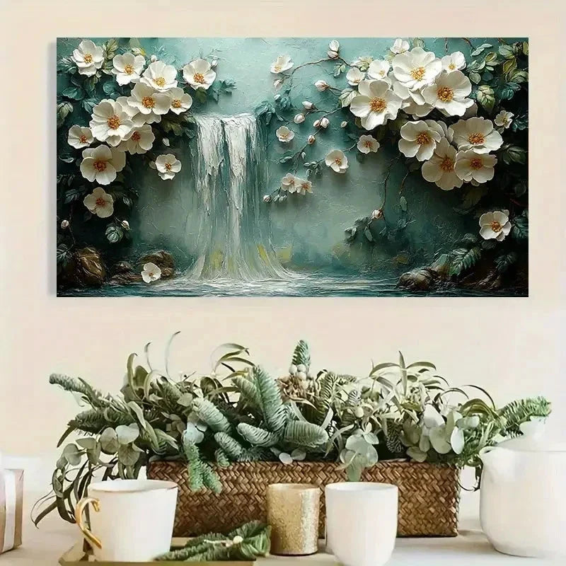 Elegant Waterfall White Flower Wall Art Canvas Office Home Room Framed 120x60cm