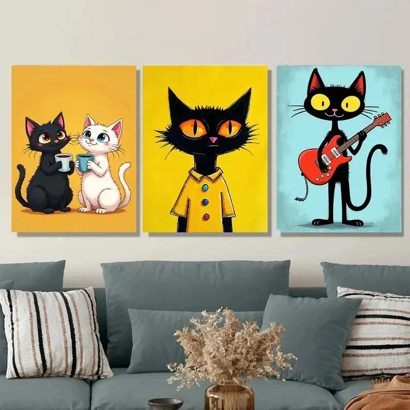 3pcs Colorful Cat Animal Lovers Black Yellow Wall Art Set Canvas Framed 40x60cm - High Quality Print 100% Australian Made Wall Canvas Ready to Hang