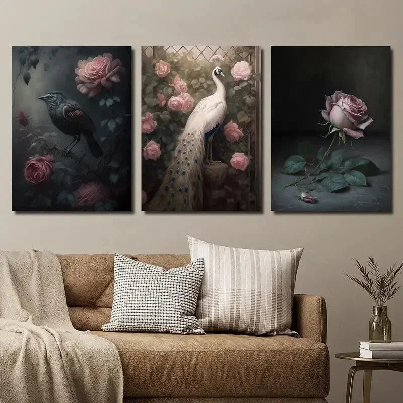3pcs Gothic Animal Bird and Pearooster Wall Art Set Canvas Framed 40x60cm - High Quality Print 100% Australian Made Wall Canvas Ready to Hang