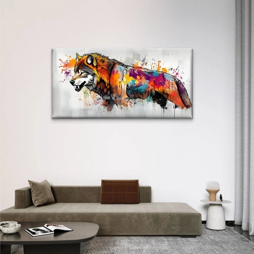 Vibrant Abstract Wolf Colorful Wall Art Canvas Office Home Room Framed 80x45cm