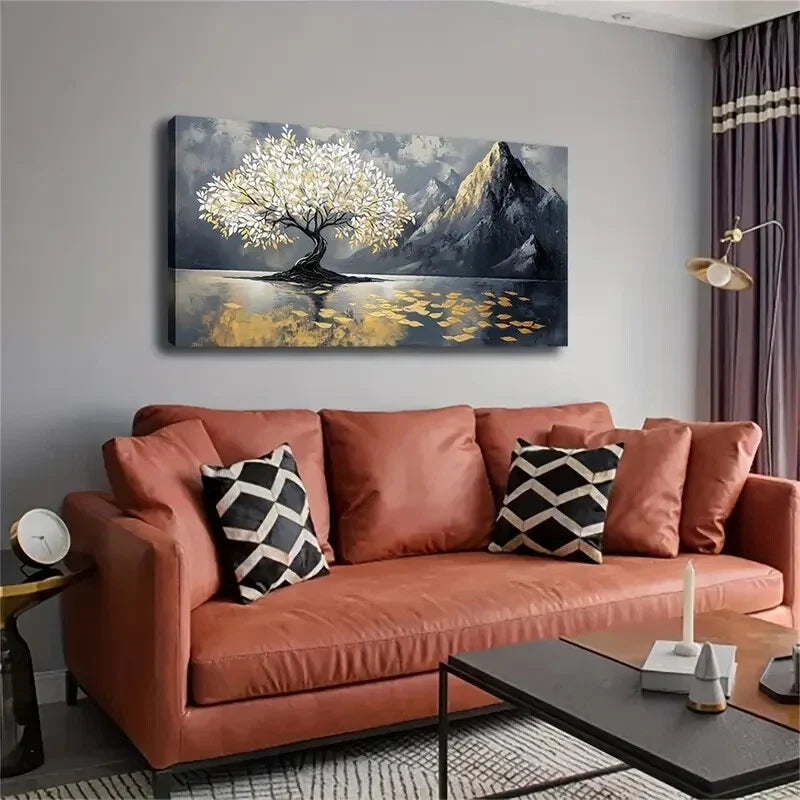 Golden Tree Mountain Landscape Wall Art Canvas Office Home Room Framed 120x60cm