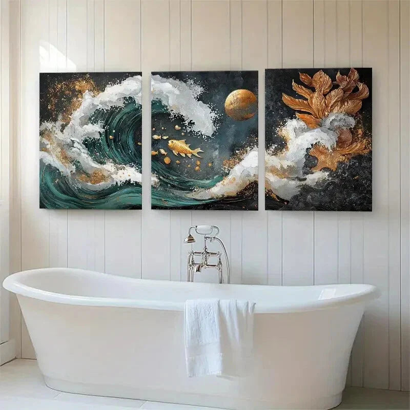3pcs Golden Koi Fish and Ocean Waves Perfect Wall Art Set Canvas Framed 40x60cm - High Quality Print 100% Australian Made Wall Canvas Ready to Hang