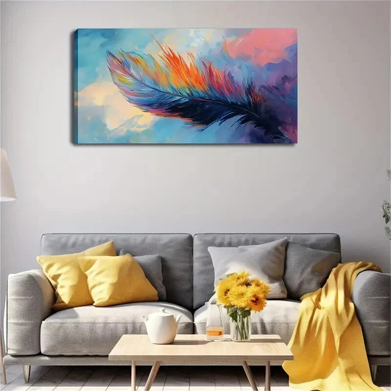 Colorful Feather with Blue Wall Art Canvas Office Home Room Framed 120x60cm