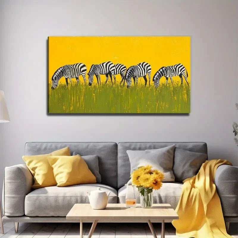 Zebra Grassland Yellow Wall Art Canvas Office Home Room Framed 80x45cm