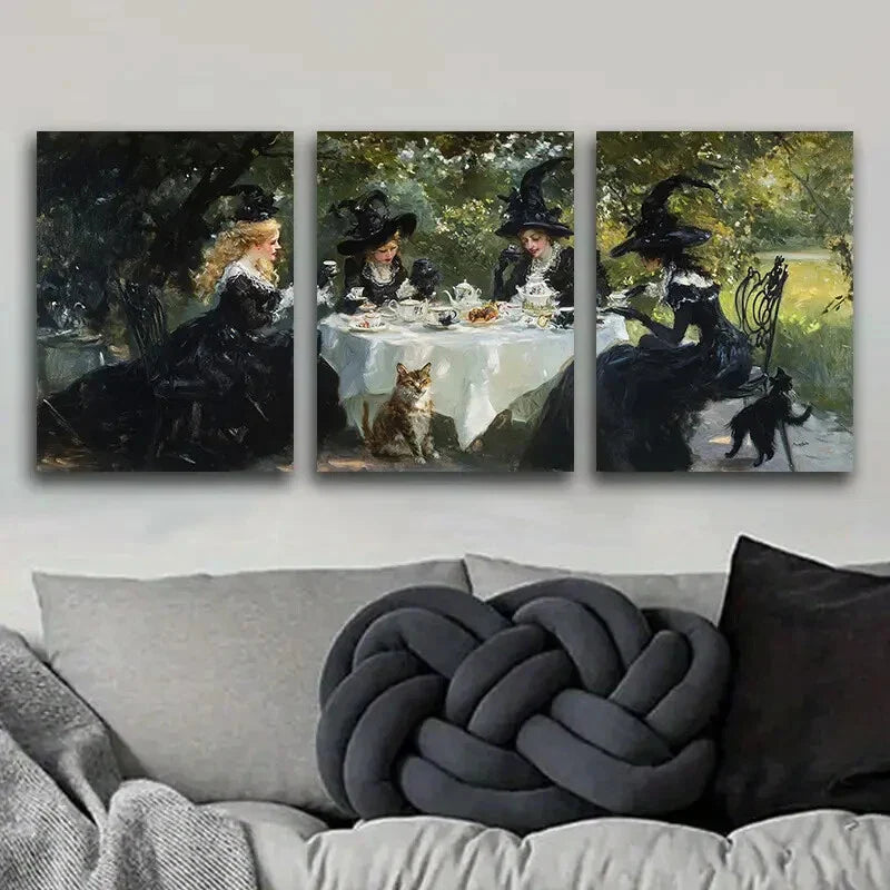 3pcs Witches Tea Party Painting Nature Perfect Wall Art Set Canvas Framed 40x60cm - High Quality Print 100% Australian Made Wall Canvas Ready to Hang