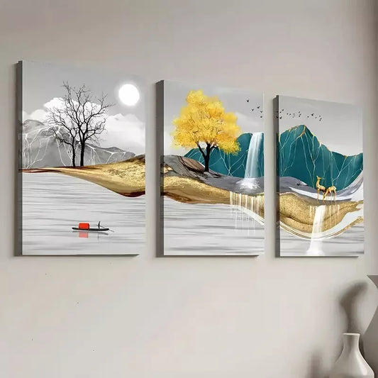 3pcs Modern Abstract Golden Nature Landscape Wall Art Set Canvas Framed 40x60cm - High Quality Print 100% Australian Made Wall Canvas Ready to Hang