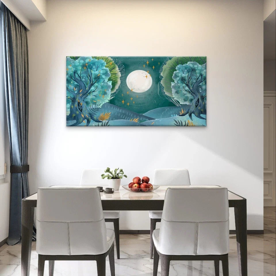 Magical Forest with Full Moon Wall Art Canvas Office Home Framed 80x45cm