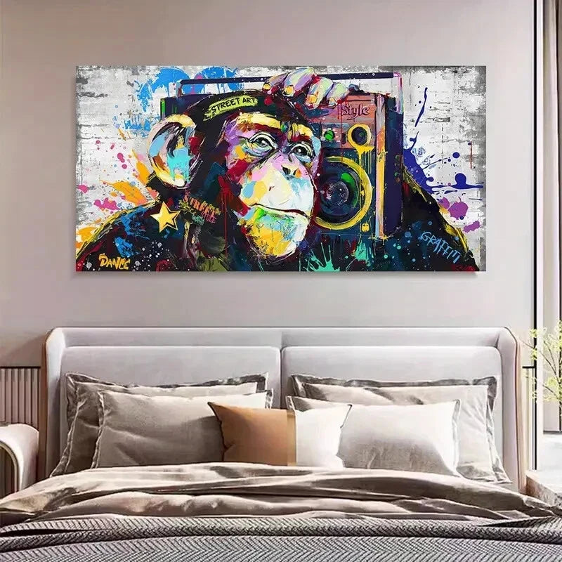 Graffiti Monkey Listening Music Wall Art Canvas Office Home Room Framed 120x60cm